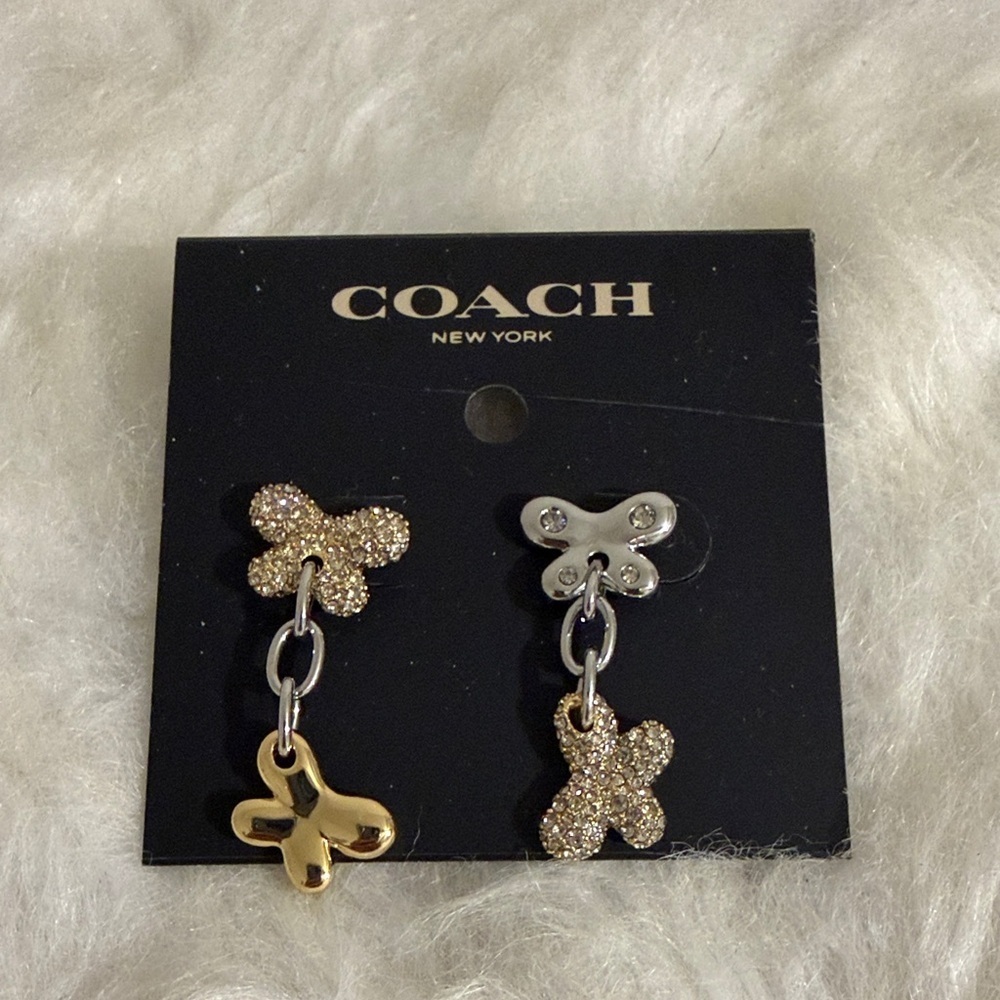 Coach Two-Tone Double Butterfly Drop Earrings Pave Crystal Accents NWT